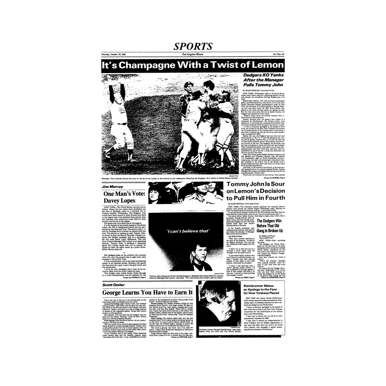 Dodgers 1981 World Series Win Page Print – Shop LA Times