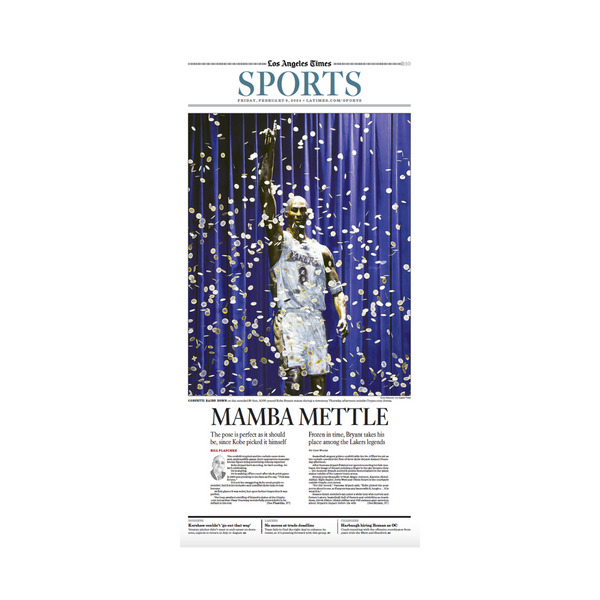 Mamba Mettle Kobe Bryant statue 2/9/24 paper Shop LA Times