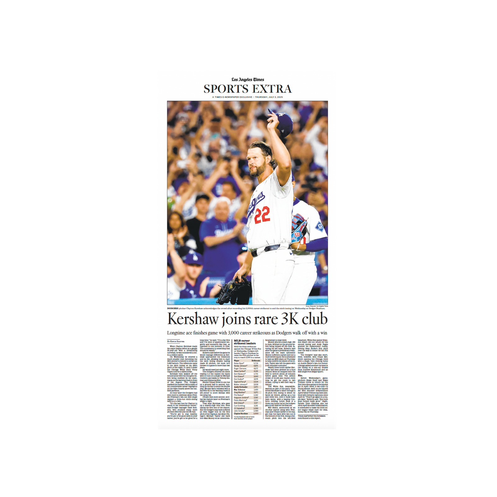 Kershaw Joins 3k Club 7/3/25 Sports Extra Page Print – Shop LA Times
