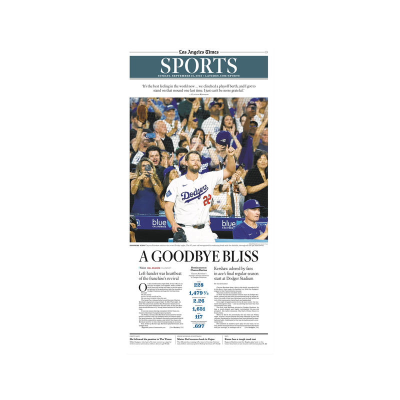 Kershaw's Retirement: A Goodbye Bliss 9/21/25 Sports Page Print