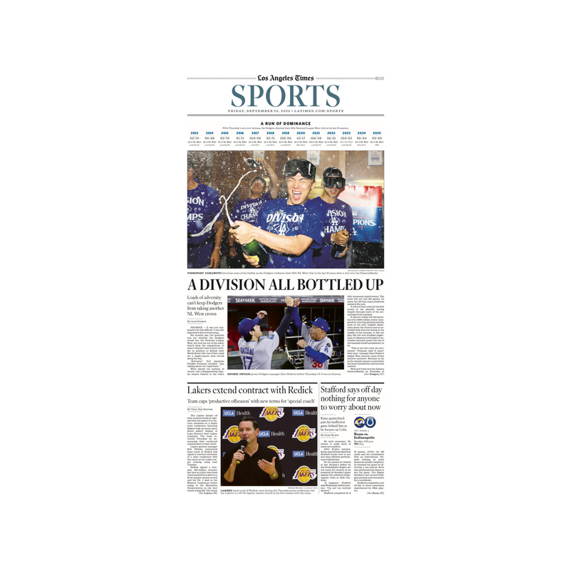 Dodgers Clinch NL West Title 9/26/25 paper