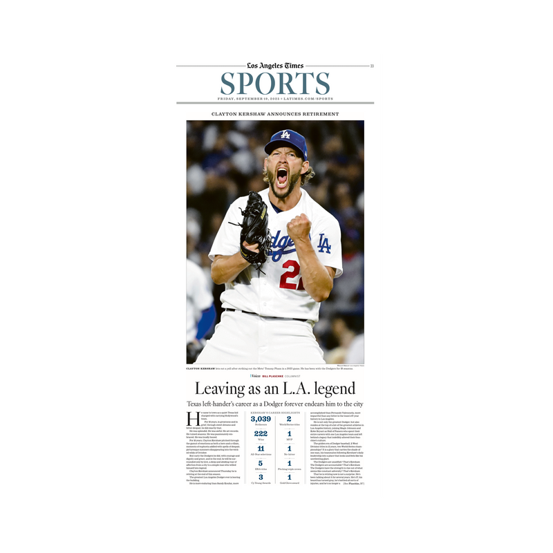 Kershaw Announces Retirement 9/19/25 Sports Page Print