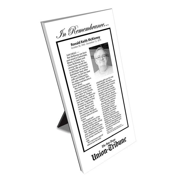 San Diego Union-Tribune Keepsake Obituary Plaque